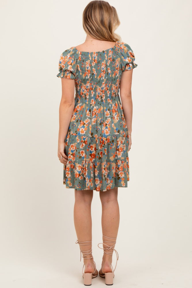 Olive Floral Smocked V-Neck Puff Sleeve Dress