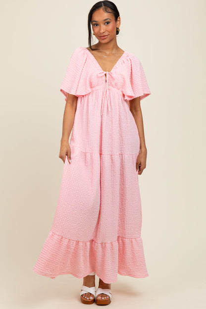 Light Pink Woven Textured Flutter Sleeve V-Neck Tiered Maxi Dress