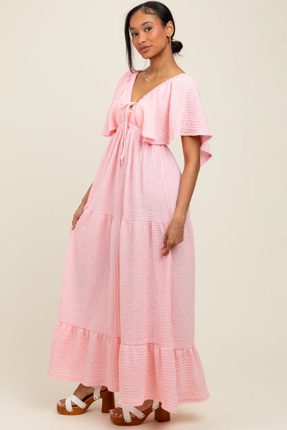 Light Pink Woven Textured Flutter Sleeve V-Neck Tiered Maxi Dress