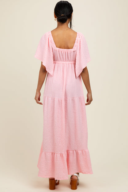Light Pink Woven Textured Flutter Sleeve V-Neck Tiered Maxi Dress