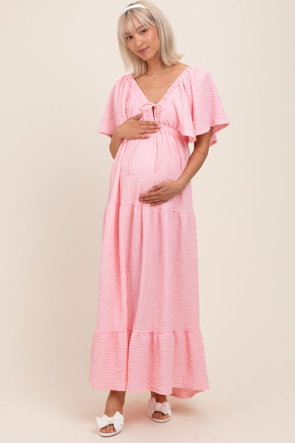 Light Pink Woven Textured Flutter Sleeve V-Neck Tiered Maternity Maxi Dress