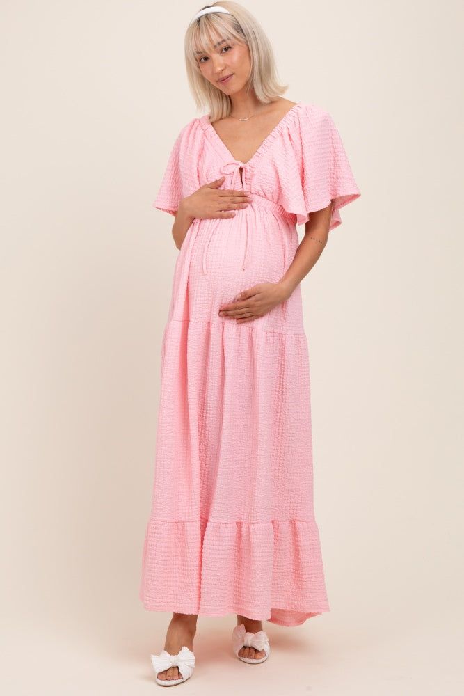 Light Pink Woven Textured Flutter Sleeve V-Neck Tiered Maternity Maxi Dress
