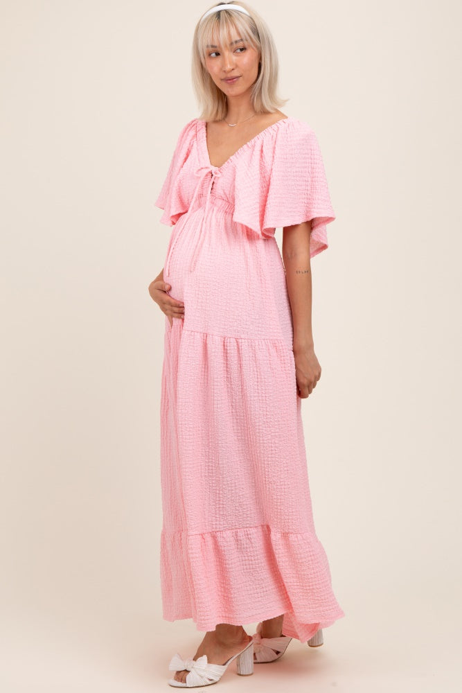 Light Pink Woven Textured Flutter Sleeve V-Neck Tiered Maternity Maxi Dress