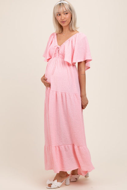 Light Pink Woven Textured Flutter Sleeve V-Neck Tiered Maternity Maxi Dress