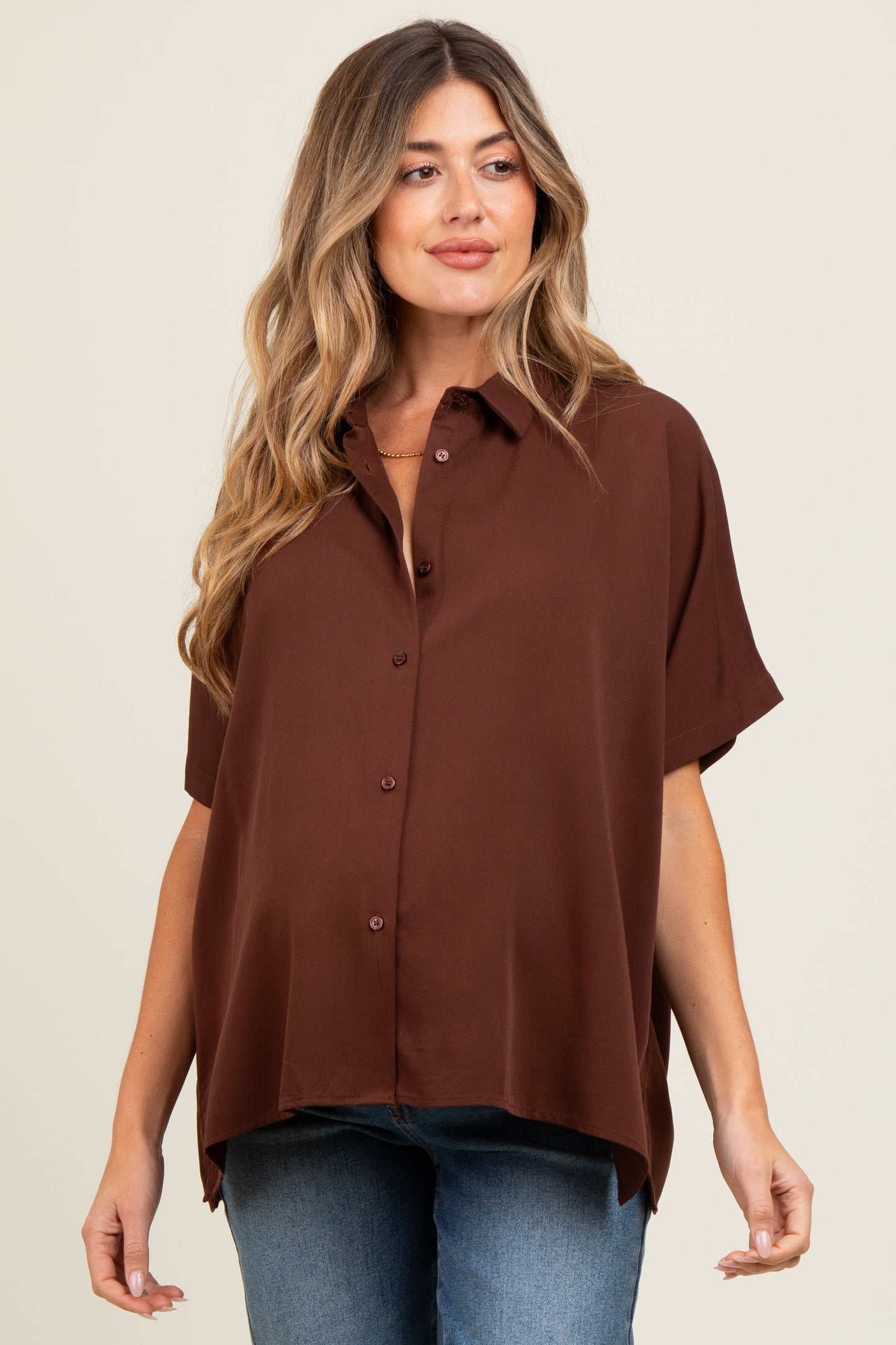 Brown Dolman Sleeve Button Down Maternity Blouse