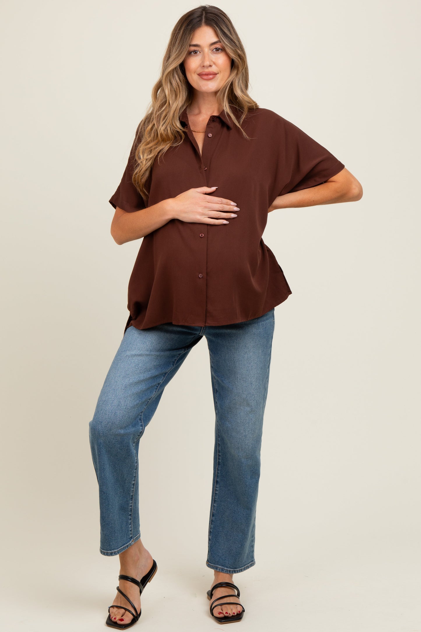 Brown Dolman Sleeve Button Down Maternity Blouse