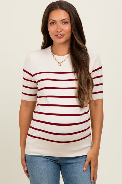 Burgundy Striped Knit Maternity Short Sleeve Top
