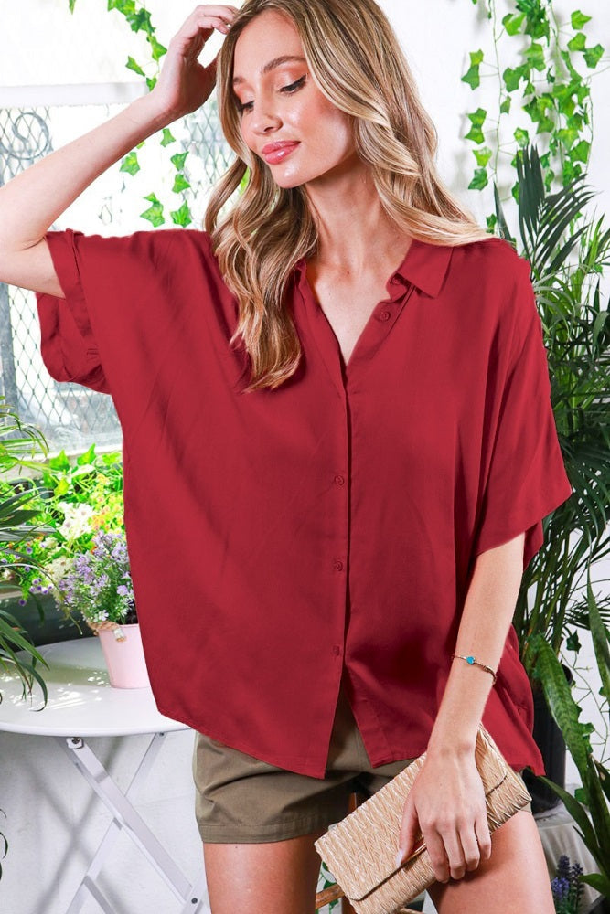 Burgundy Dolman Sleeve Button Down Maternity Blouse