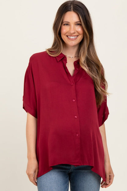 Burgundy Dolman Sleeve Button Down Maternity Blouse