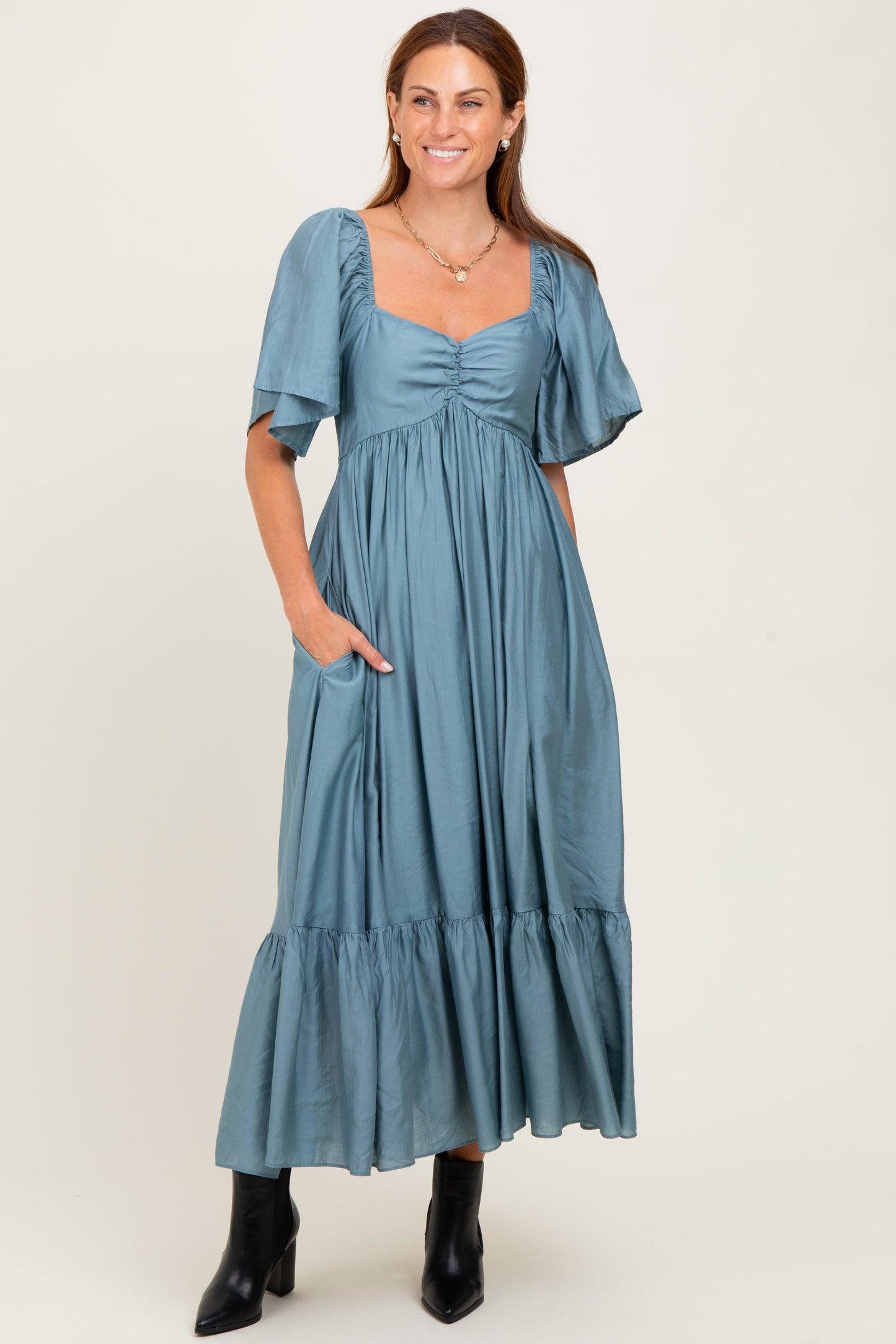 Blue Flutter Sleeve Ruffle Hem Maternity Midi Dress
