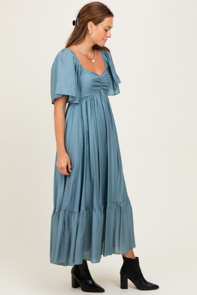 Blue Flutter Sleeve Ruffle Hem Midi Dress
