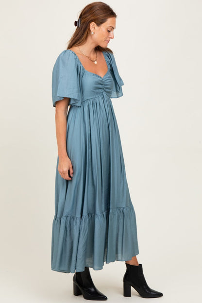 Blue Flutter Sleeve Ruffle Hem Midi Dress