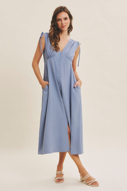 Blue Button-Down Polka Dot Shirred Bow Midi Dress