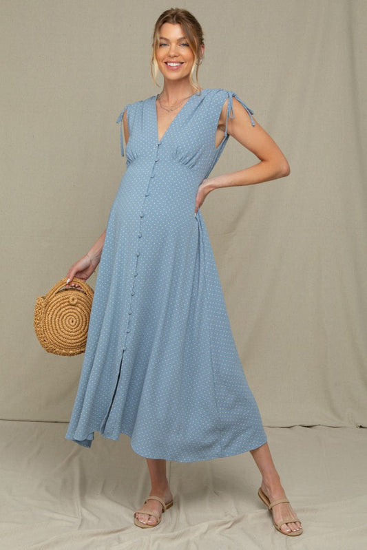 Blue Button-Down Polka Dot Shirred Bow Maternity Midi Dress