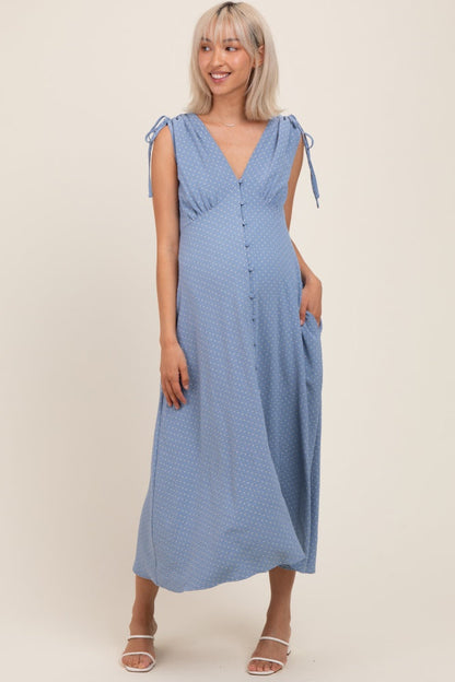 Blue Button-Down Polka Dot Shirred Bow Maternity Midi Dress