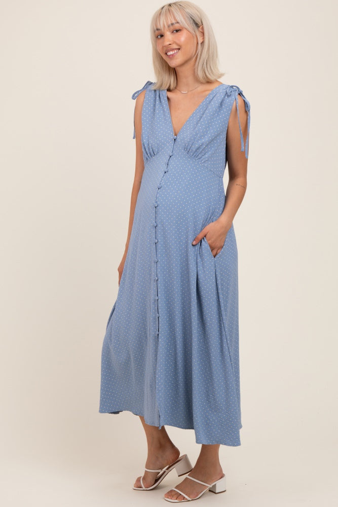 Blue Button-Down Polka Dot Shirred Bow Maternity Midi Dress