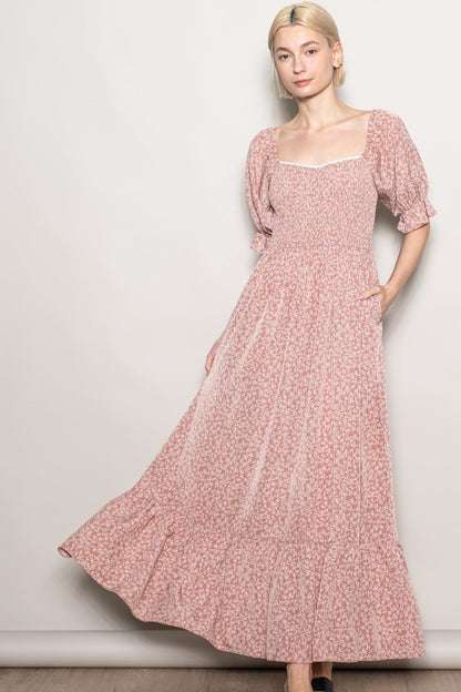 Mauve Floral Lace Trim Smocked Maternity Maxi Dress