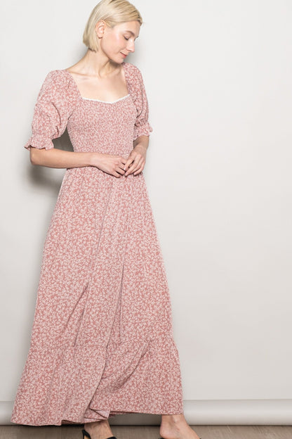 Mauve Floral Lace Trim Smocked Maxi Dress