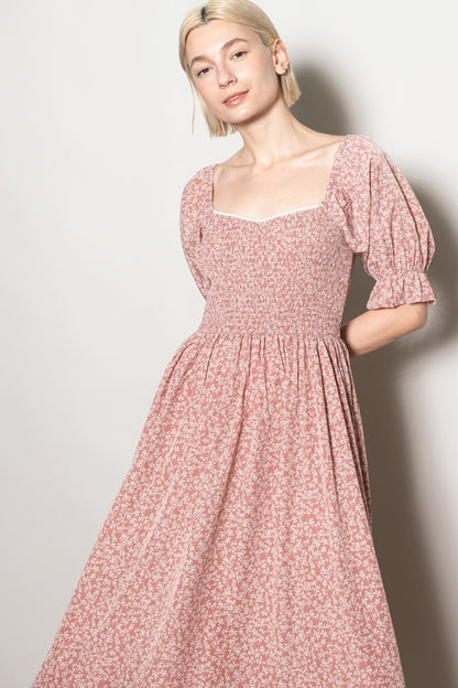 Mauve Floral Lace Trim Smocked Maxi Dress