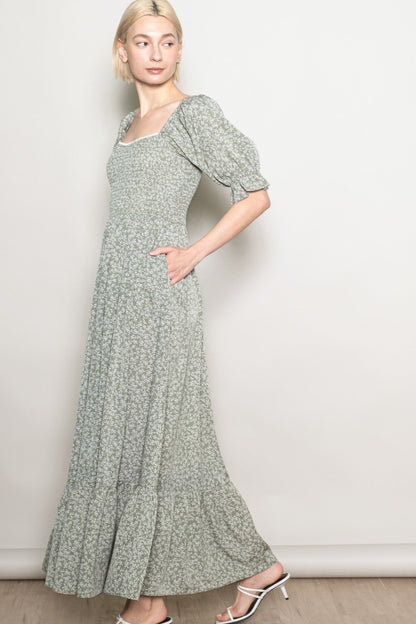 Light Olive Floral Lace Trim Smocked Maxi Dress