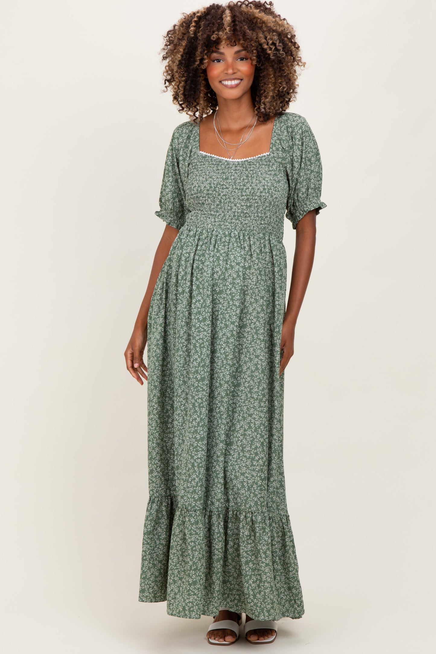 Light Olive Floral Lace Trim Smocked Maternity Maxi Dress