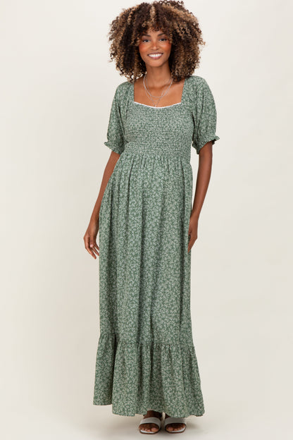 Light Olive Floral Lace Trim Smocked Maternity Maxi Dress