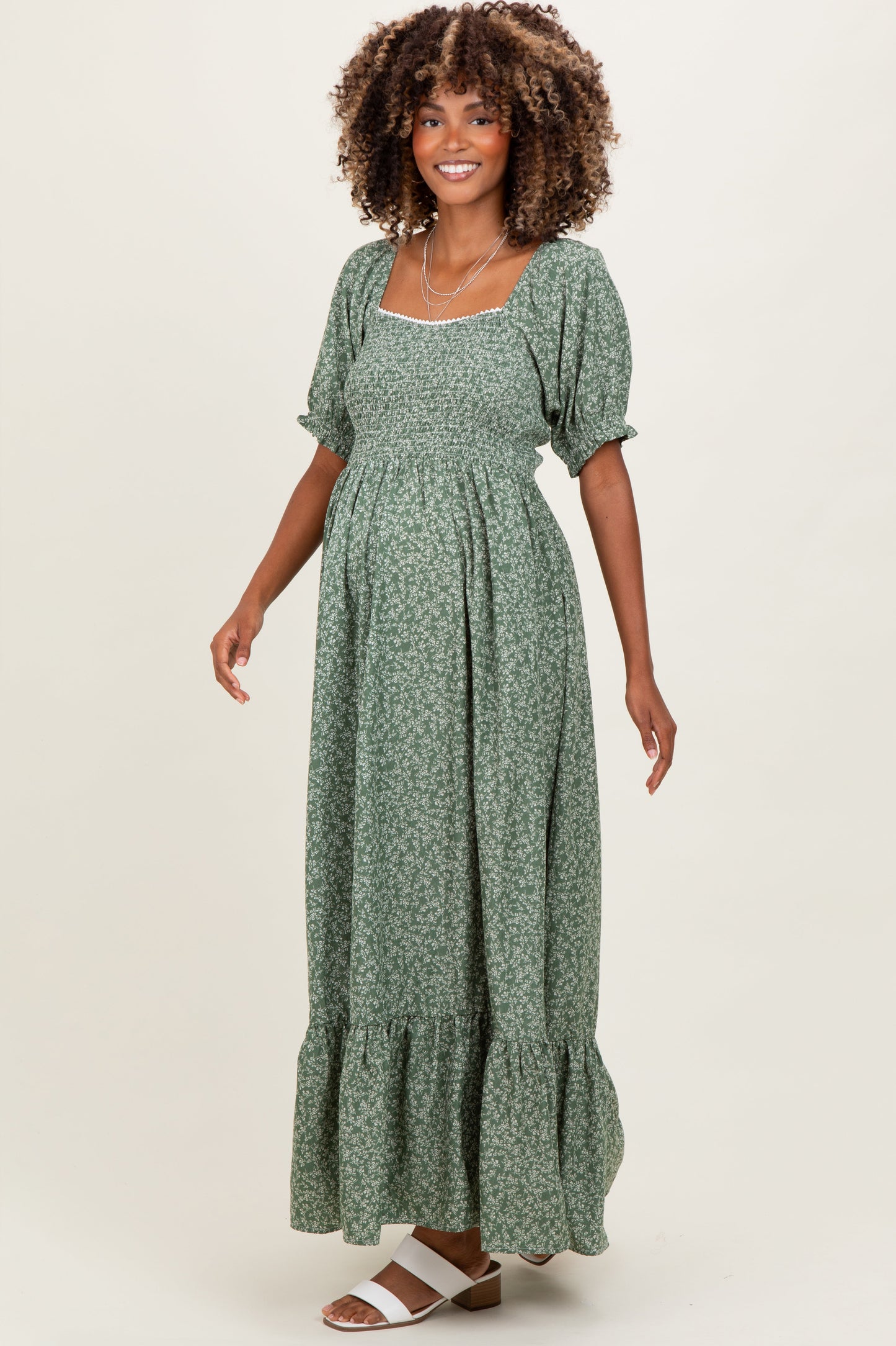 Light Olive Floral Lace Trim Smocked Maternity Maxi Dress
