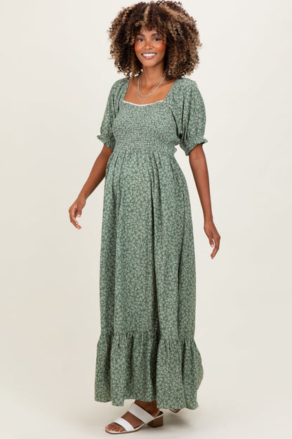 Light Olive Floral Lace Trim Smocked Maternity Maxi Dress