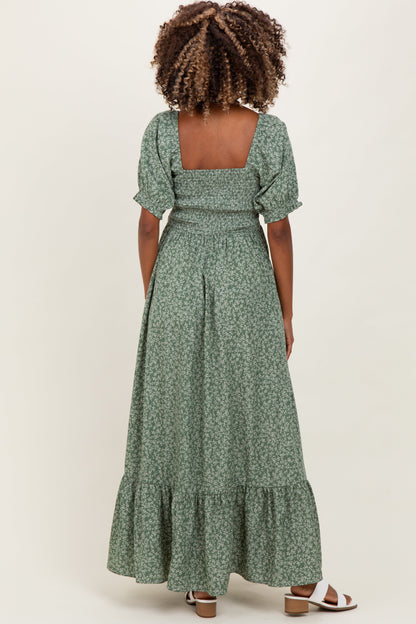 Light Olive Floral Lace Trim Smocked Maternity Maxi Dress