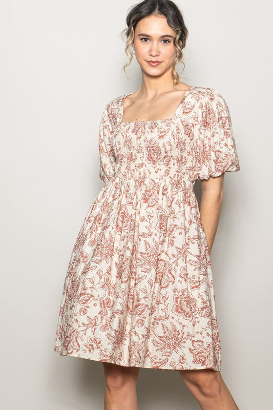 Rust Floral Smocked Puff Sleeve Dress