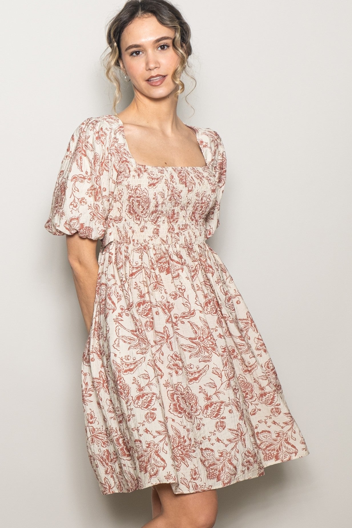 Rust Floral Smocked Puff Sleeve Dress