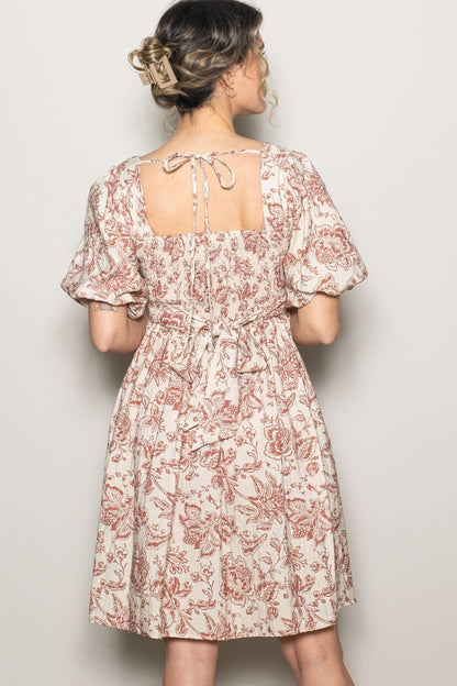 Rust Floral Smocked Puff Sleeve Dress