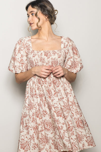 Rust Floral Smocked Puff Sleeve Dress