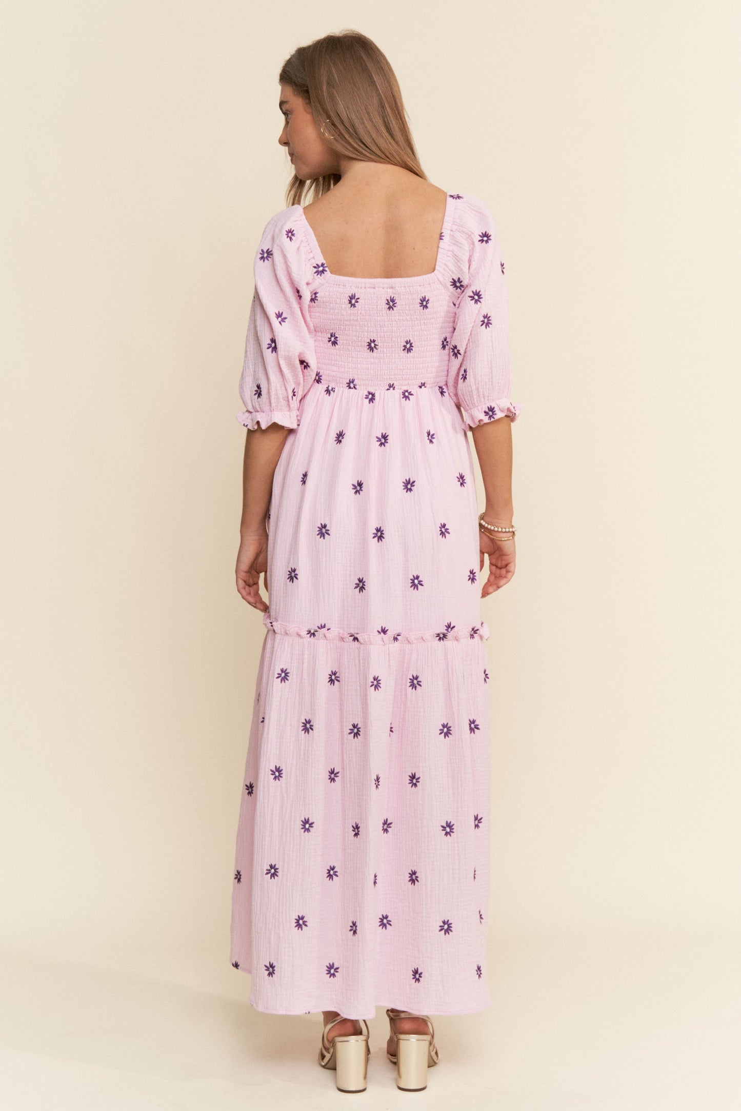 Lavender Floral Smocked Puff Sleeve Maxi Dress