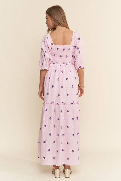 Lavender Floral Smocked Puff Sleeve Maxi Dress