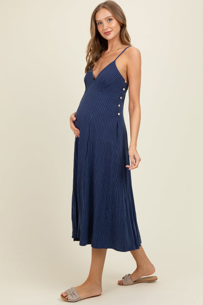 Navy/White Linen Striped Maternity Midi Dress
