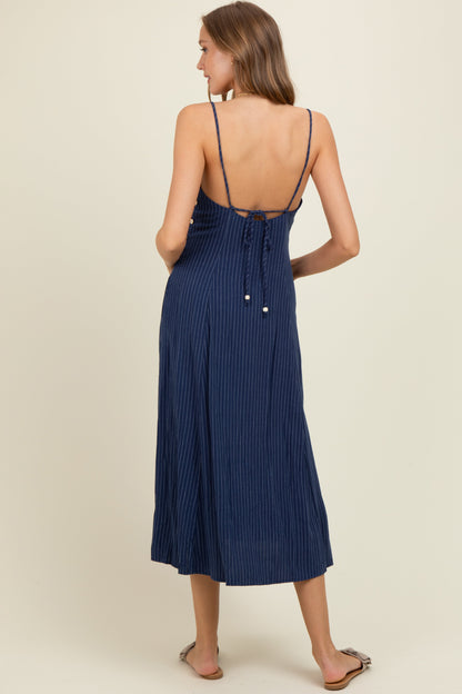 Navy/White Linen Striped Maternity Midi Dress