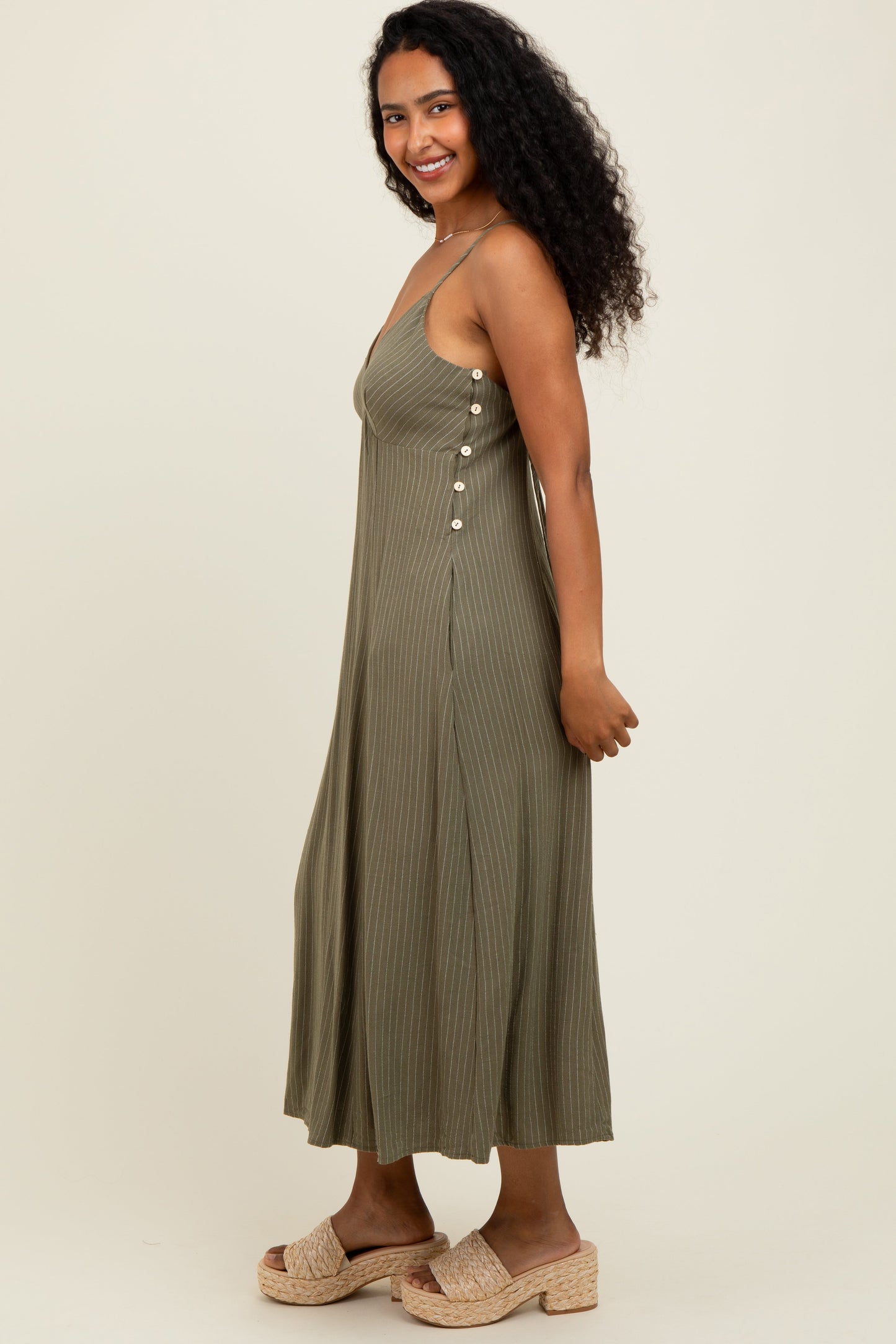 Olive/White Linen Striped Midi Dress