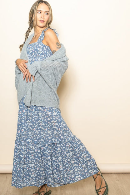 Blue Floral Smocked Ruffle Accent Maxi Dress