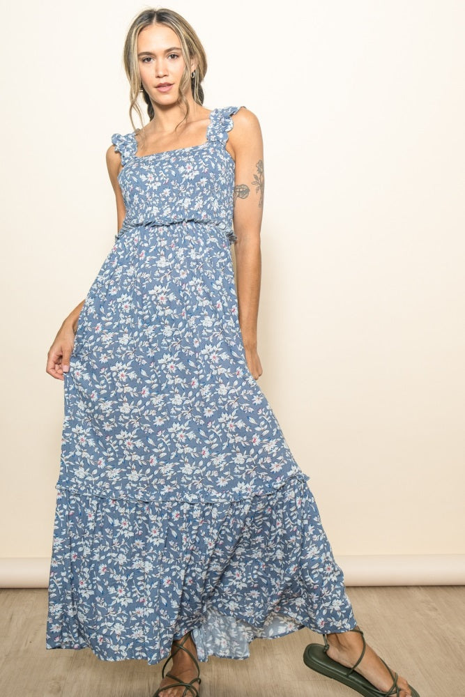 Blue Floral Smocked Ruffle Accent Maxi Dress
