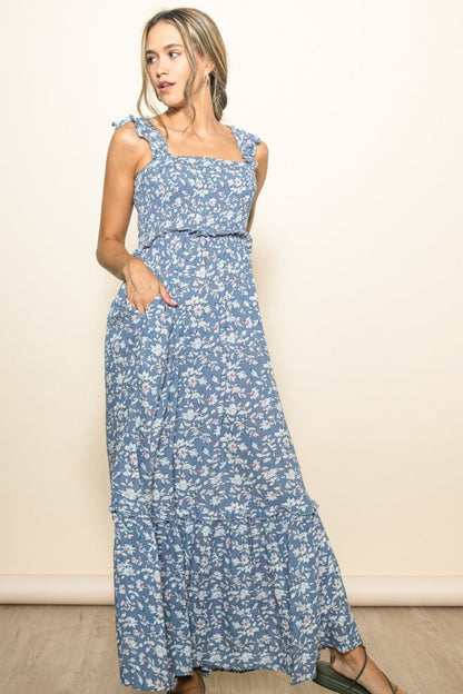 Blue Floral Smocked Ruffle Accent Maxi Dress