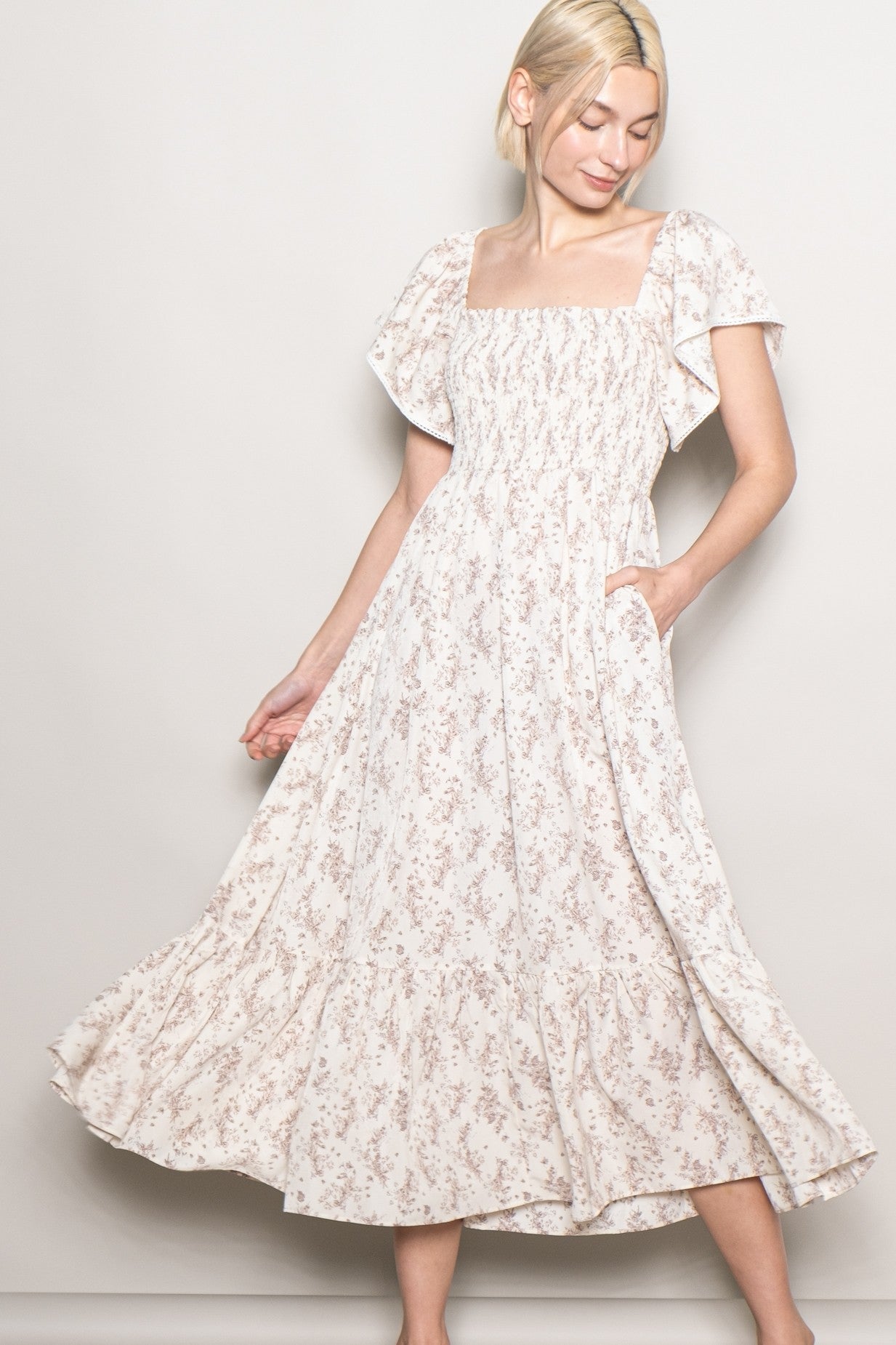 Cream Floral Smocked Lace Trim Flutter Sleeve Midi Dress