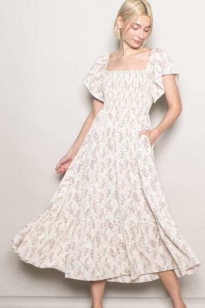 Cream Floral Smocked Lace Trim Flutter Sleeve Midi Dress