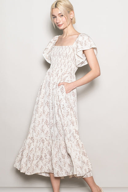 Cream Floral Smocked Lace Trim Flutter Sleeve Midi Dress