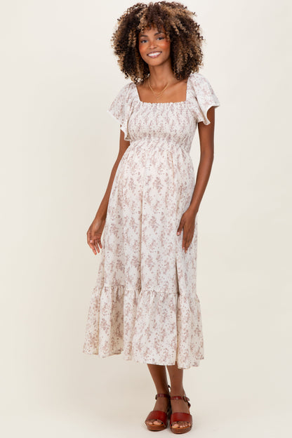 Cream Floral Smocked Lace Trim Flutter Sleeve Maternity Midi Dress