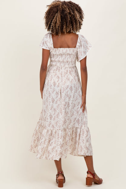 Cream Floral Smocked Lace Trim Flutter Sleeve Maternity Midi Dress