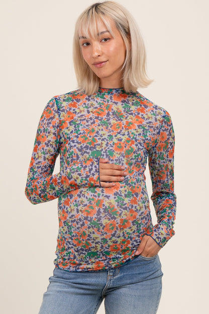 Blue Floral Mesh Long Sleeve Turtle Neck Maternity Top