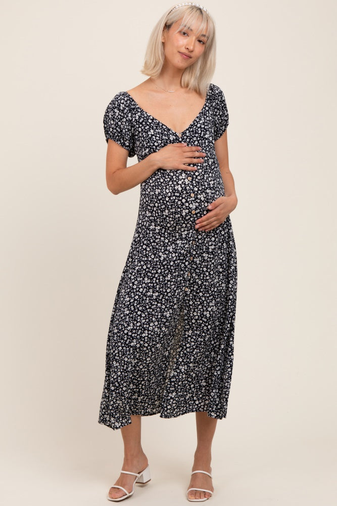 Black Floral V-Neck Button Down Maternity Midi Dress