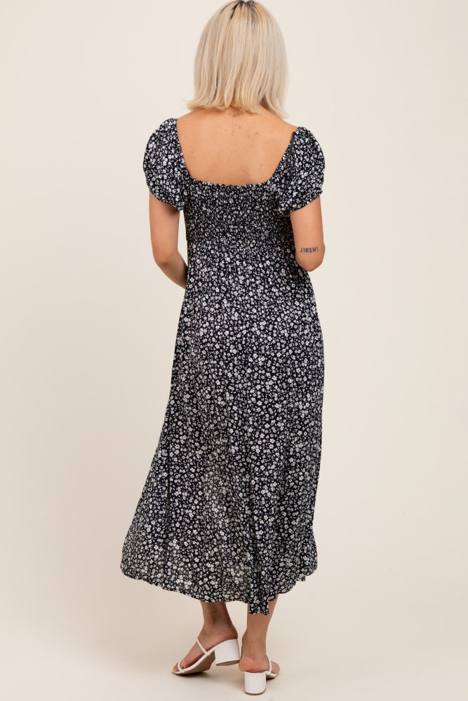 Black Floral V-Neck Button Down Maternity Midi Dress