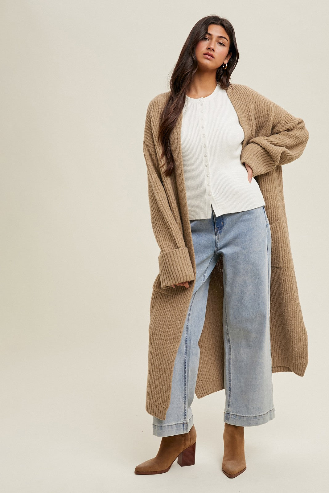 Camel Ribbed Chunky Knit Long Oversized Cardigan